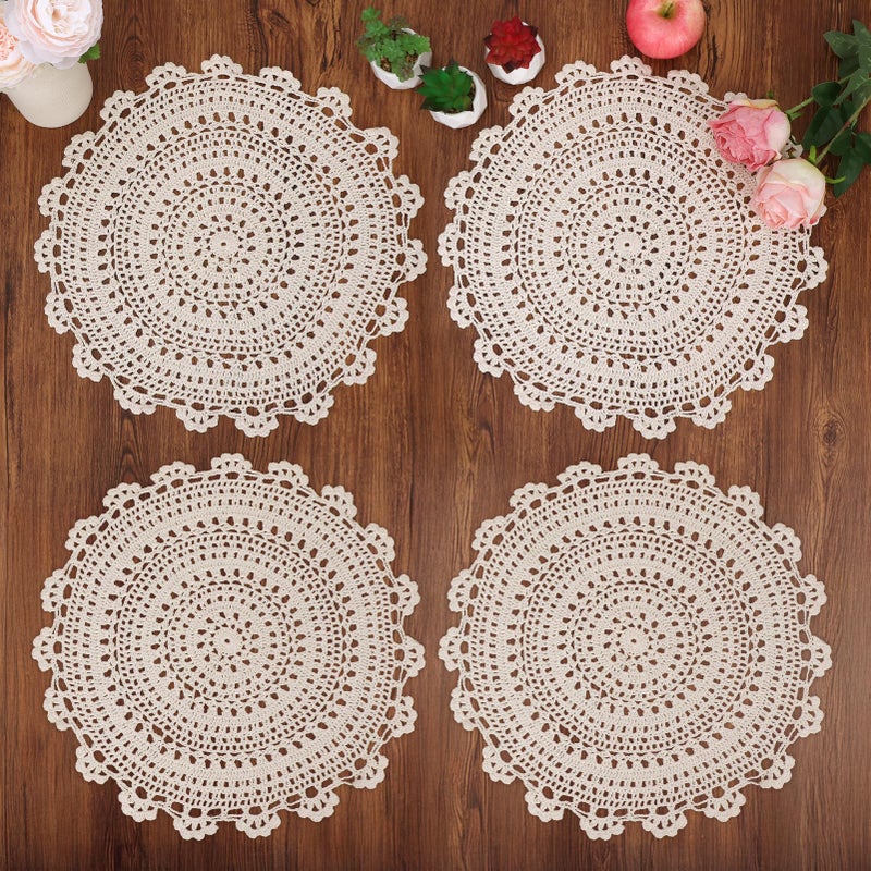 kilofly Handmade Crochet Round Cotton Lace Table Placemats Doilies Value Pack [Set of 4], Medallion,17 inch, Beige - Image 2